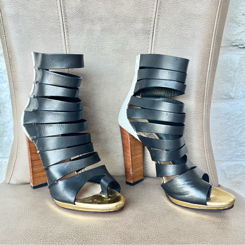 Christian Louboutin Decoupata 120 Strappy Wooden Heels White Black Gold Sandals